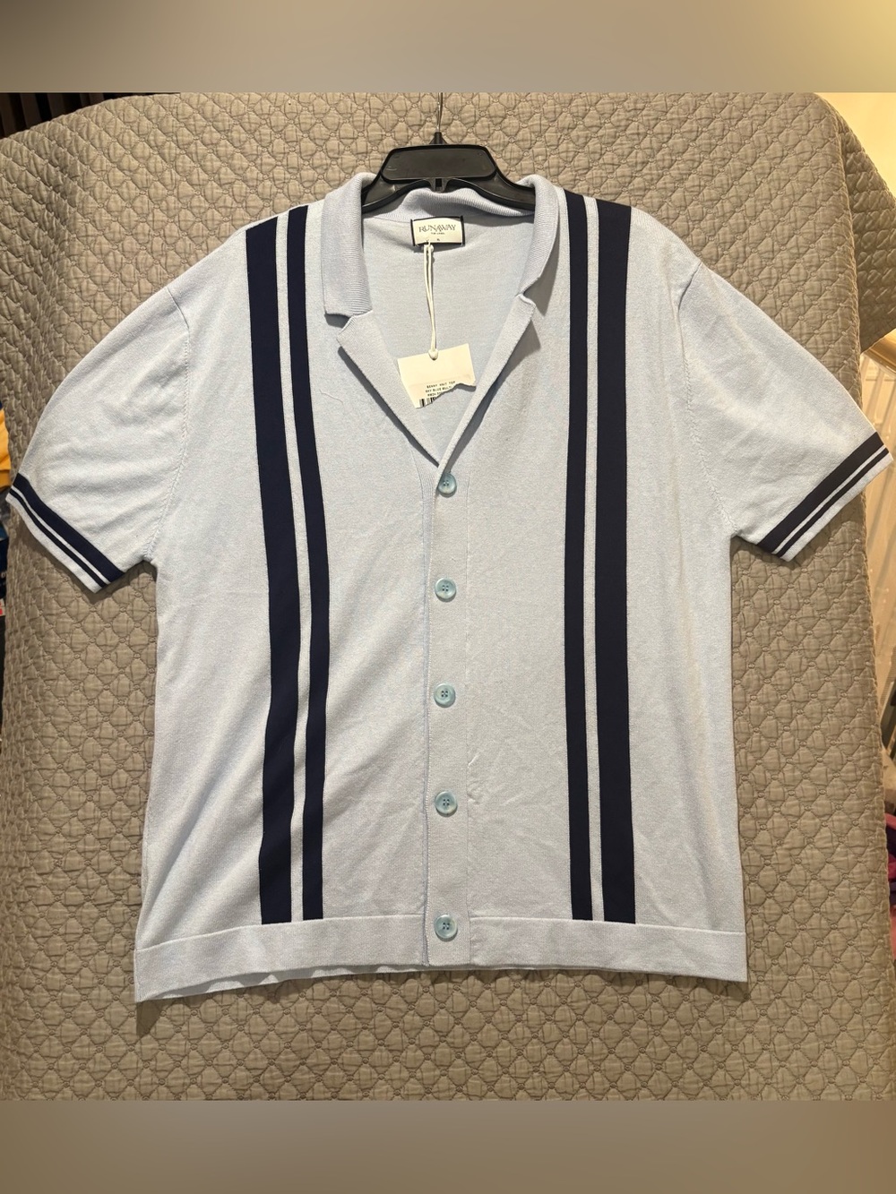 Light Blue Short-Sleeve Button-Down with Navy Racing Stripes